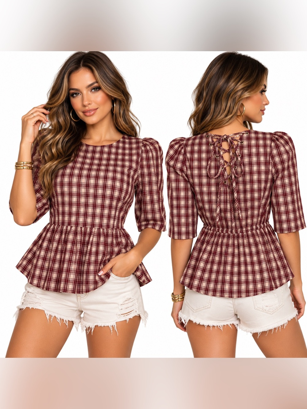 SUGAR + LIPS Plaid Peplum Tie Up Lace-Up Back Womens SZ S Schoolgirl Soft Grunge